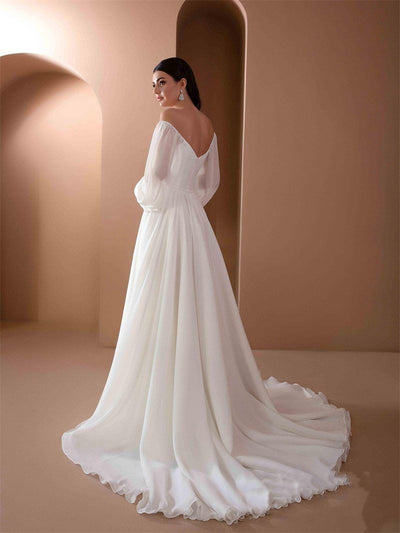 Chiffon Long Sleeves Backless Off-Shoulder Rustic Boho Wedding Dress Boho Wedding Dresses BlissGown 