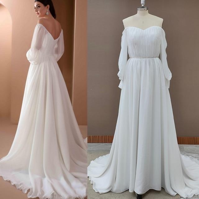 Chiffon Long Sleeves Backless Off-Shoulder Rustic Boho Wedding Dress Boho Wedding Dresses BlissGown Off White 16 