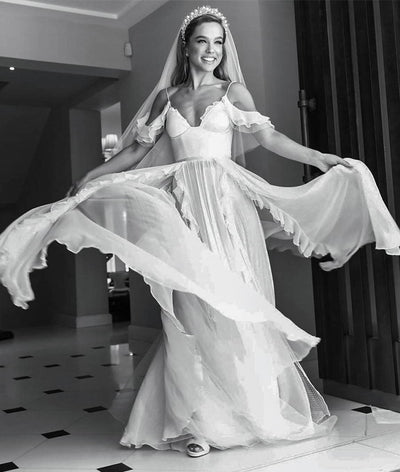Chiffon Spaghetti Straps Floor Length Wedding Dresses Beach Wedding Dresses BlissGown 