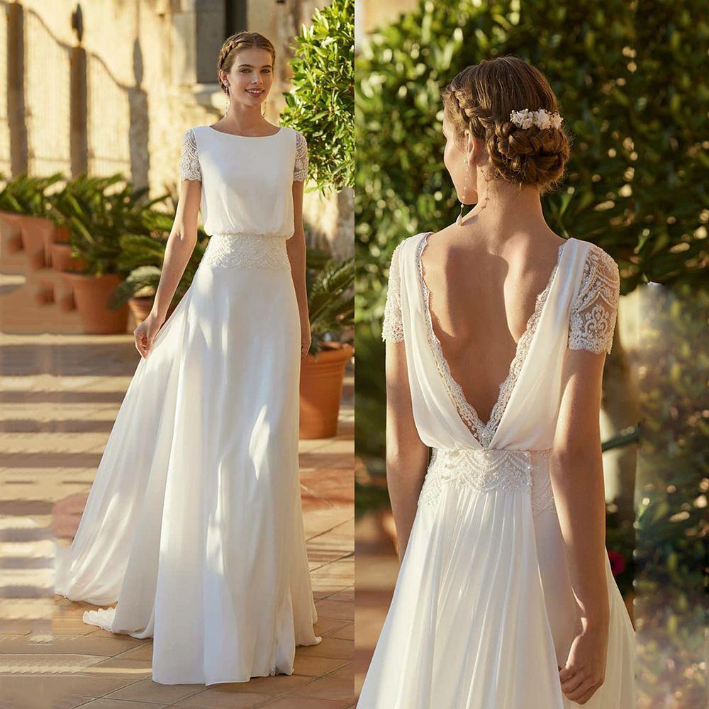 Classic A-Line Lace Chiffon Modern Scoop Neck Wedding Dress Classic Wedding Dresses BlissGown 