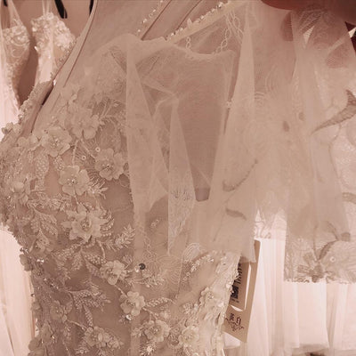 Court Train Appliques 3D Flower Crystal Lace Up Wedding Dress Sexy Wedding Dresses BlissGown 