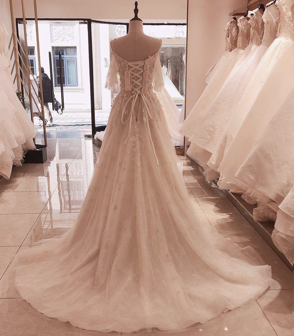 Court Train Appliques 3D Flower Crystal Lace Up Wedding Dress Sexy Wedding Dresses BlissGown 