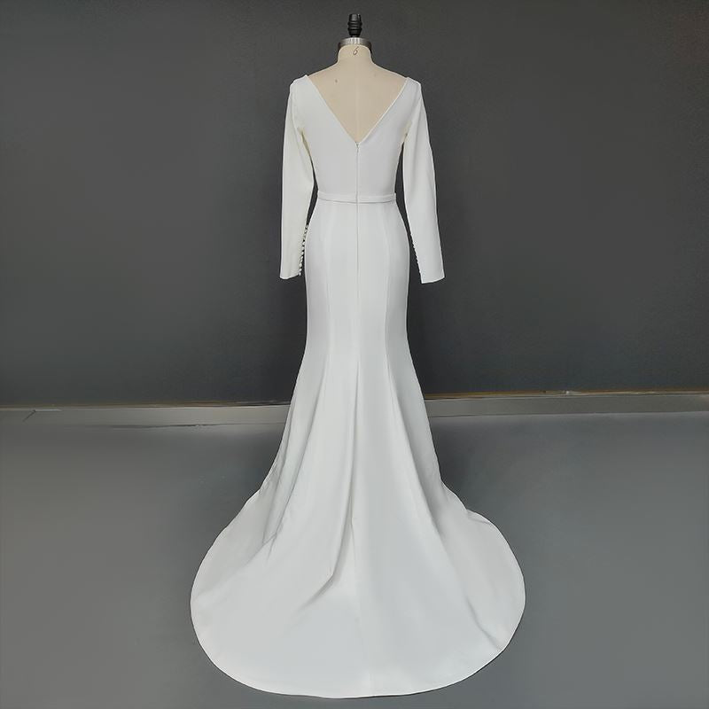 Crepe Satin Boat Neck Long Sleeves Sheath Wedding Dress Classic Wedding Dresses BlissGown 
