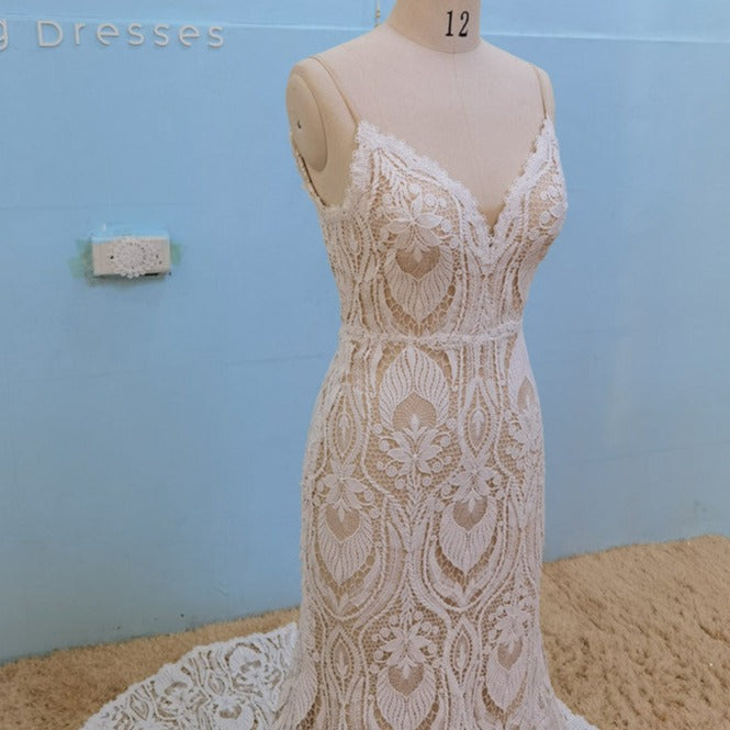 Crochet Lace Detachable Sleeves Spaghetti Straps Open Back Boho Bridal Gown Boho Wedding Dresses BlissGown 