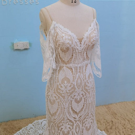 Crochet Lace Detachable Sleeves Spaghetti Straps Open Back Boho Bridal Gown Boho Wedding Dresses BlissGown Ivory And Champagne 2 