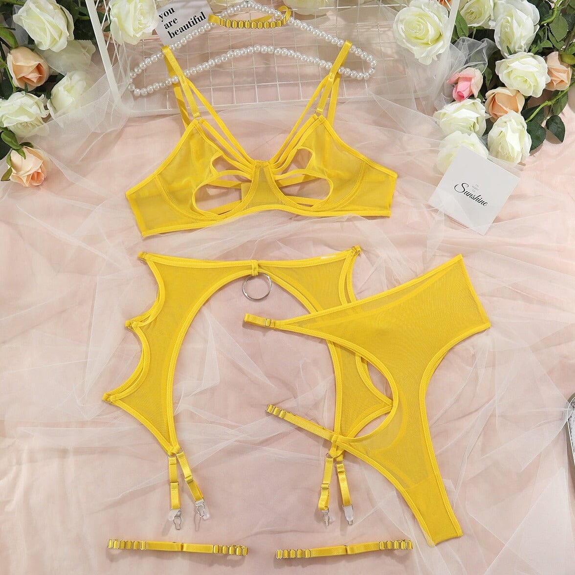 Cut Out Bra 4-Pieces Garters G-Strings Thongs Lace Sexy Lingerie Accessories BlissGown 