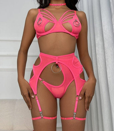 Cut Out Bra 4-Pieces Garters G-Strings Thongs Lace Sexy Lingerie Accessories BlissGown Rings Neon Pink S 