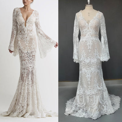 Cutout Lace Boho Long Batwing Sleeves Flattering Open Back Bridal Gown Boho Wedding Dresses BlissGown All Cream White 2 