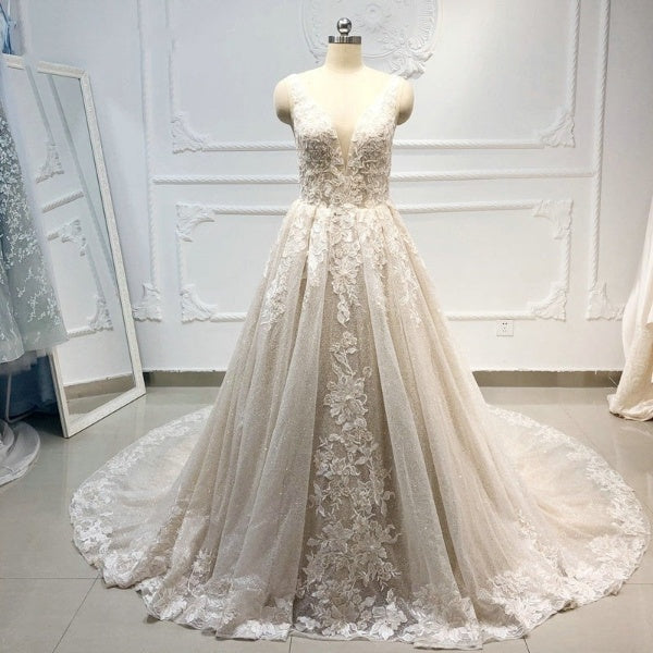Deep V Lace Beading Luxury Long Train Champagne Ball Gown Wedding Dress