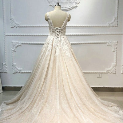 Deep V Lace Beading Luxury Long Train Champagne Ball Gown Wedding Dress Luxury Wedding Dresses BlissGown 