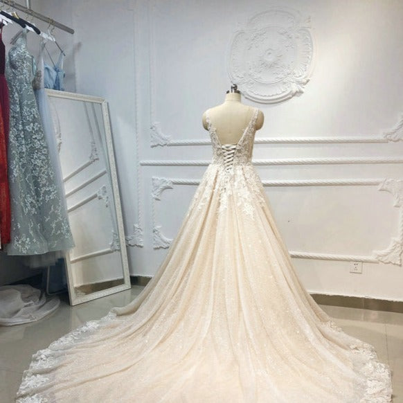 Deep V Lace Beading Luxury Long Train Champagne Ball Gown Wedding Dress Luxury Wedding Dresses BlissGown 