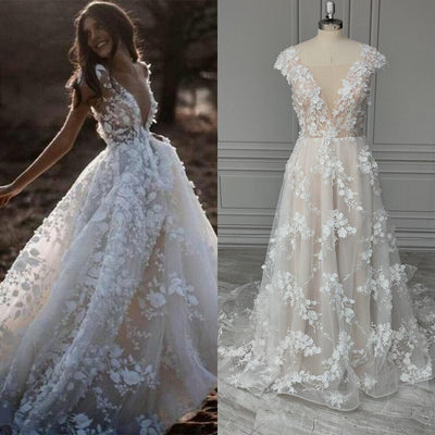 Deep V-Neck 3d Floral Backless Appliques Bridal Gowns Boho Wedding Dresses BlissGown Off White 2 