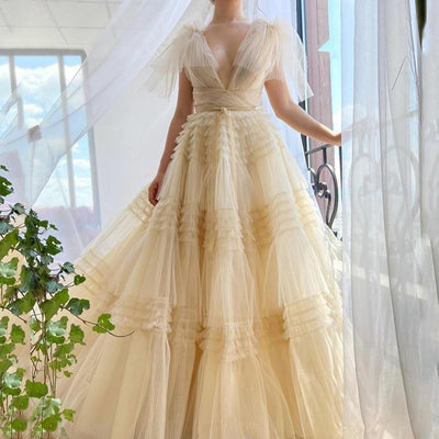 Deep V-Neck Crumpled Tiered Tulle Long Sleeveless Prom Dress V-Neck Prom Dresses BlissGown 