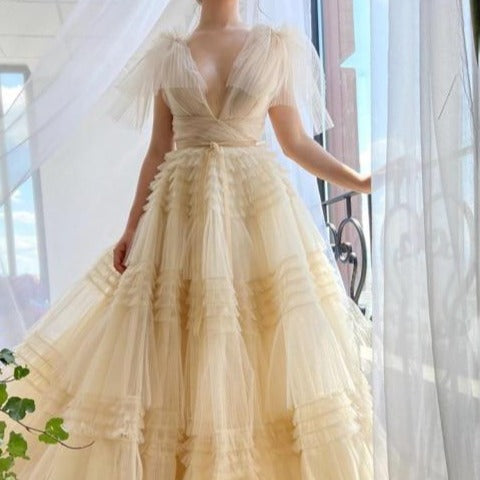 Deep V-Neck Crumpled Tiered Tulle Long Sleeveless Prom Dress V-Neck Prom Dresses BlissGown Champagne 26W 