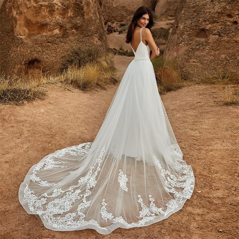 Deep V-Neck Jumpsuit Wedding Dress With Detachable Skirt Romantic Wedding Dresses BlissGown 