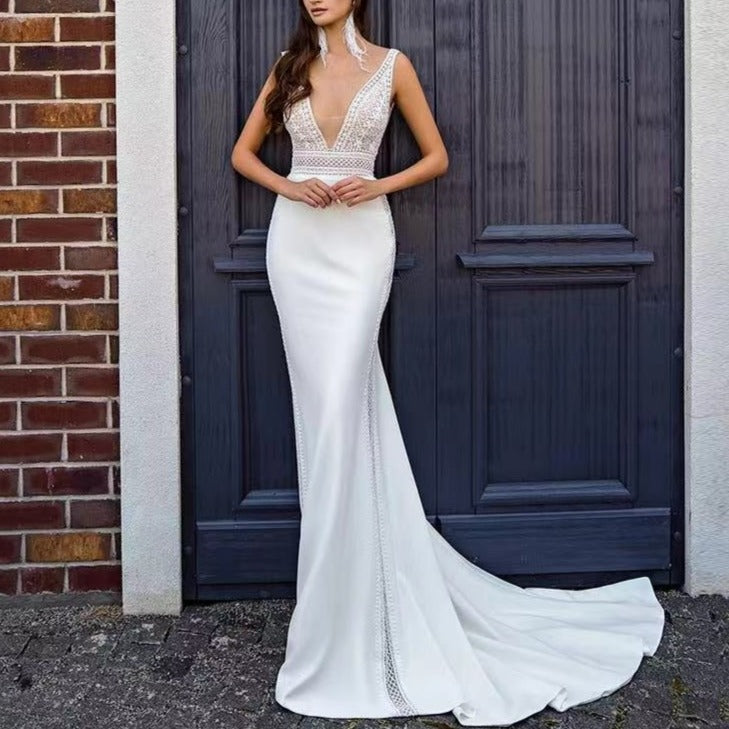 Deep V-Neck Mermaid Lace Vintage Satin Bridal Gown Beach Wedding Dresses BlissGown Off white 2 