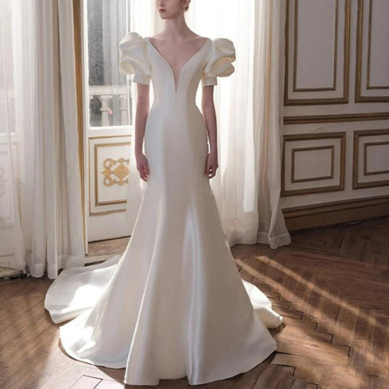 Deep V-Neck Short Sleeve Satin Sweep Train Mermaid Bridal Dress Romantic Wedding Dresses BlissGown 