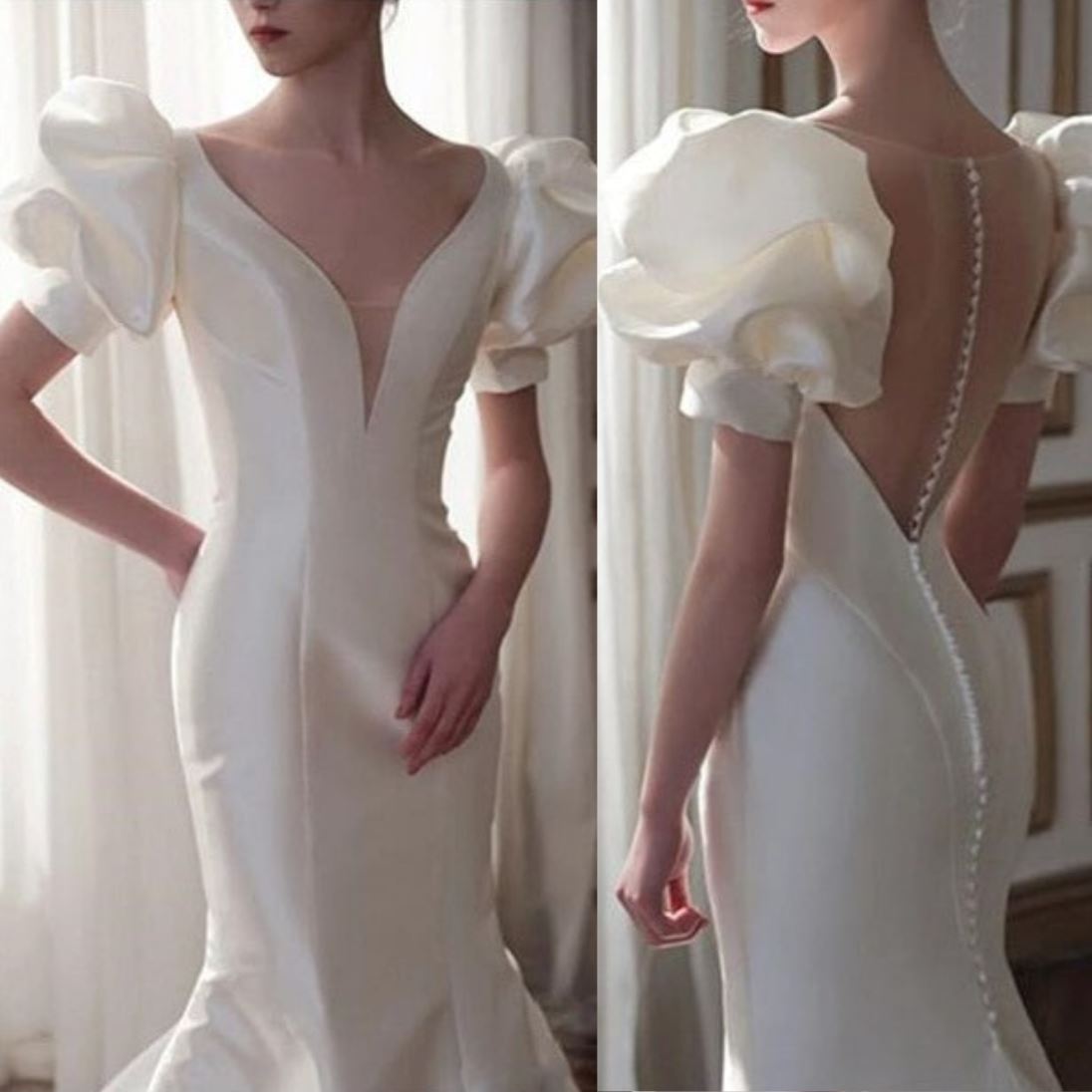 Deep V-Neck Short Sleeve Satin Sweep Train Mermaid Bridal Dress Romantic Wedding Dresses BlissGown 