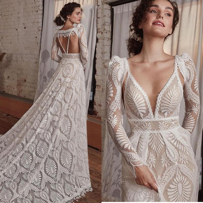 Detachable Long Sleeve Unique Boho Lace Wedding Dress
