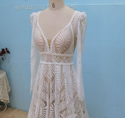 Detachable Long Sleeve Unique Boho Lace Wedding Dress Boho Wedding Dresses BlissGown 
