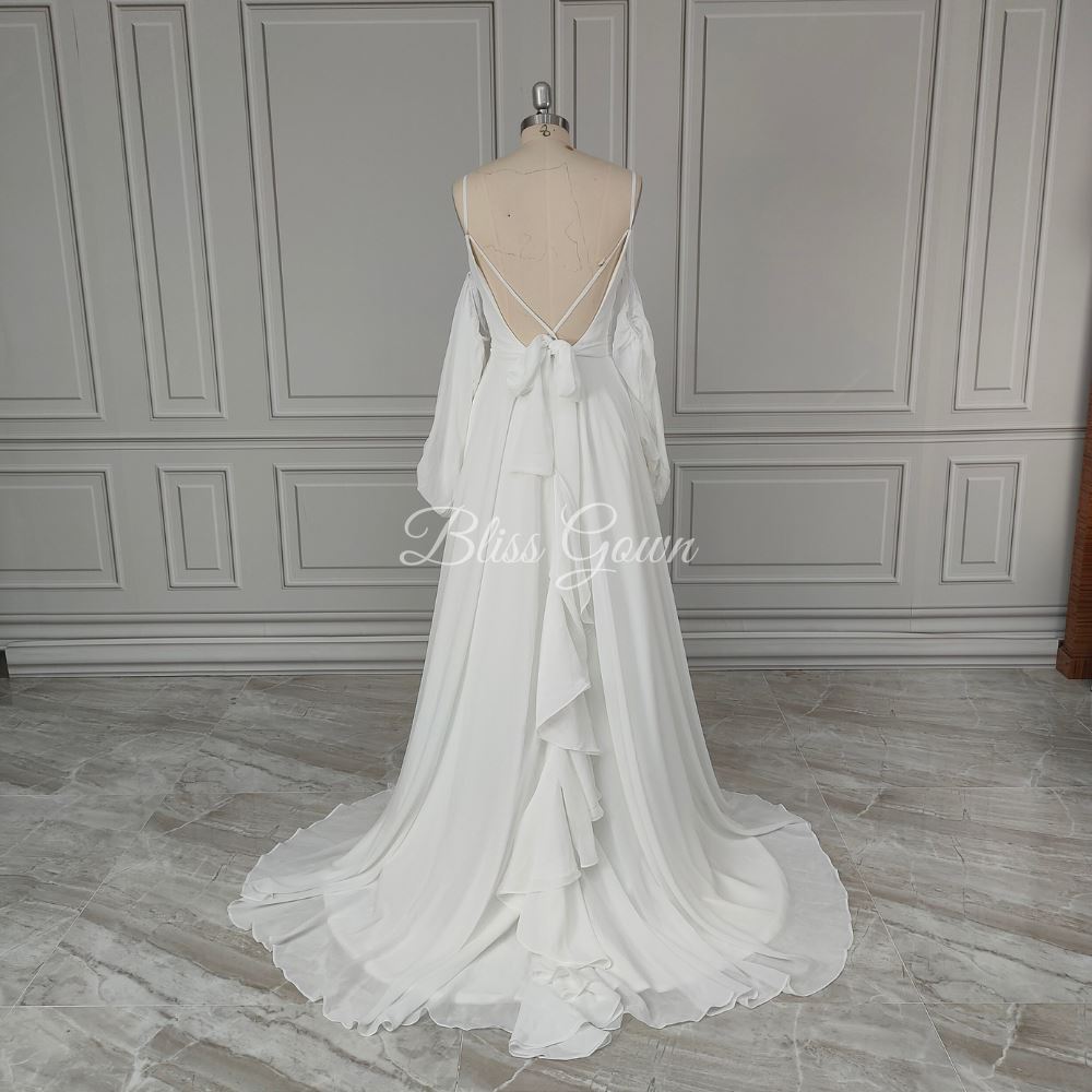 Detachable Puffy Sleeves Soft Chiffon Wedding Dress Classic Wedding Dresses BlissGown 