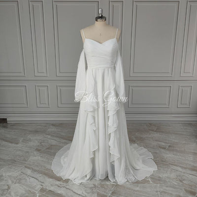 Detachable Puffy Sleeves Soft Chiffon Wedding Dress Classic Wedding Dresses BlissGown 