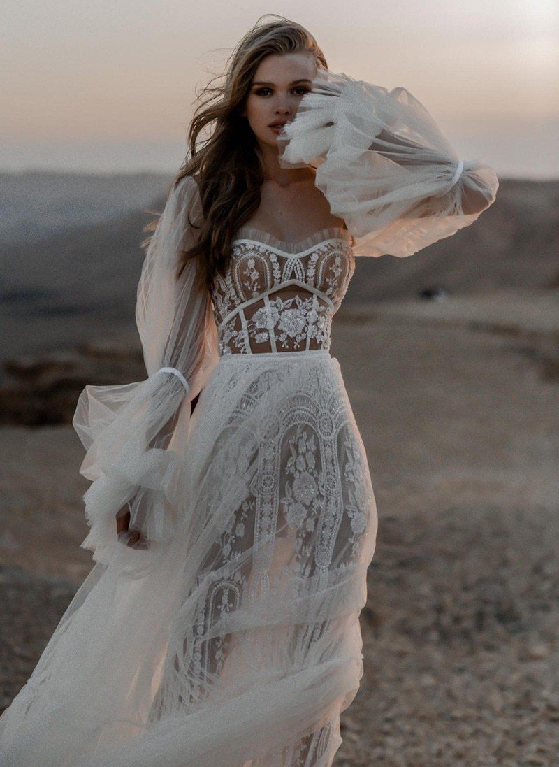 Detachable Shawl Long Sleeve Lace Unique Bohemia Wedding Dress Boho Wedding Dresses BlissGown 