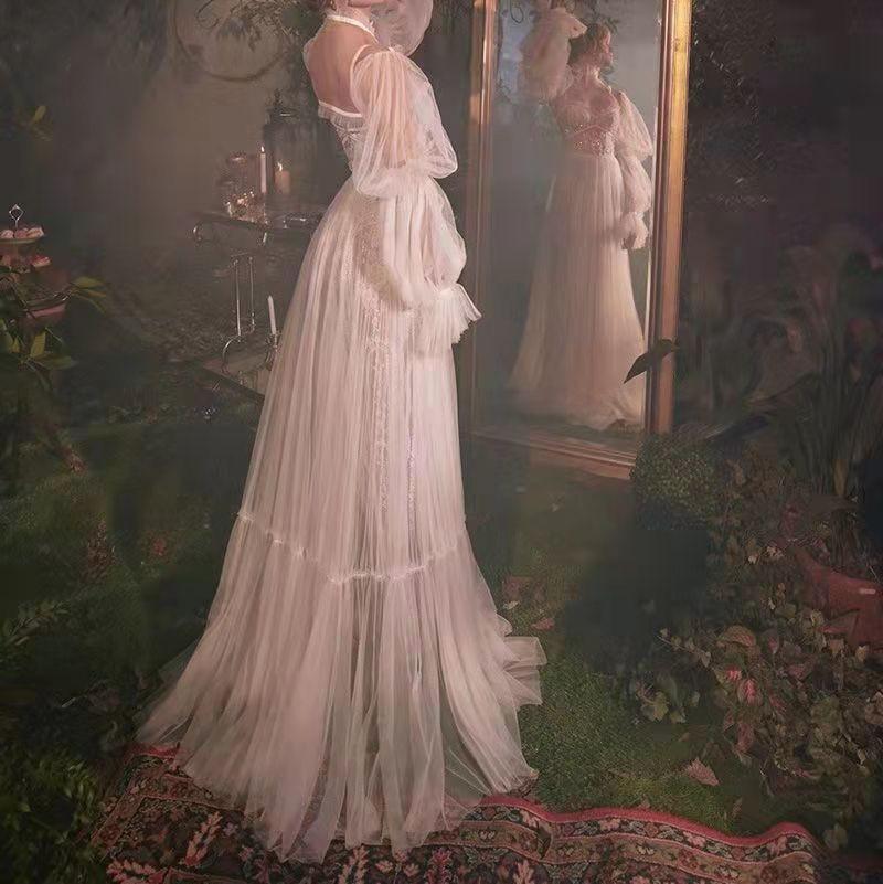 Detachable Shawl Long Sleeve Lace Unique Bohemia Wedding Dress Boho Wedding Dresses BlissGown 