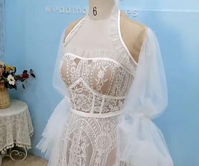 Detachable Shawl Long Sleeve Lace Unique Bohemian Wedding Dress Boho Wedding Dresses BlissGown 