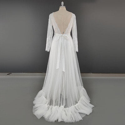 Detachable Sweep Train V-neck A-line Wedding Dress Boho Wedding Dresses BlissGown 