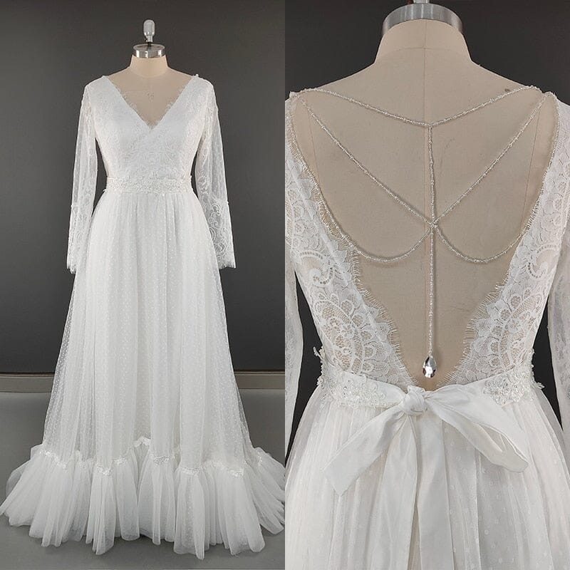 Detachable Sweep Train V-neck A-line Wedding Dress Boho Wedding Dresses BlissGown White Lining 2 