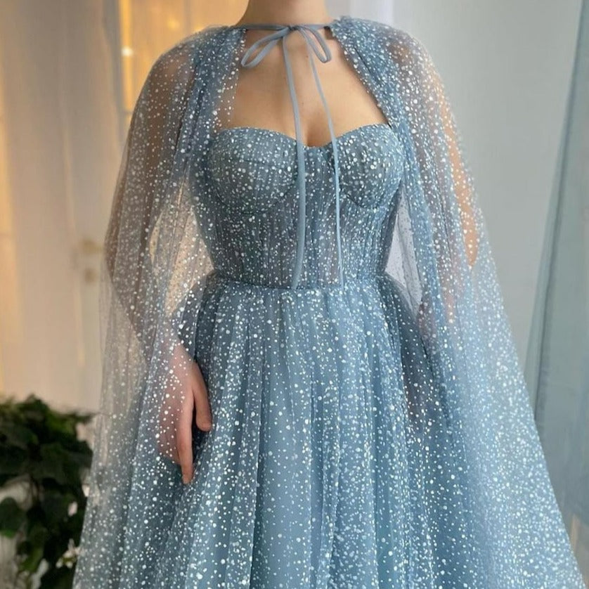 Dusty Blue Sparkly Tulle with Long Cape Evening Dress Evening & Formal Dresses BlissGown 