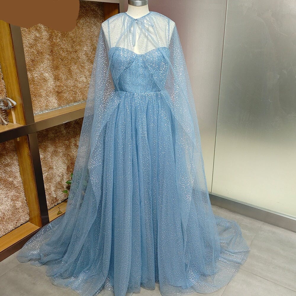 Dusty Blue Sparkly Tulle with Long Cape Evening Dress Evening & Formal Dresses BlissGown 