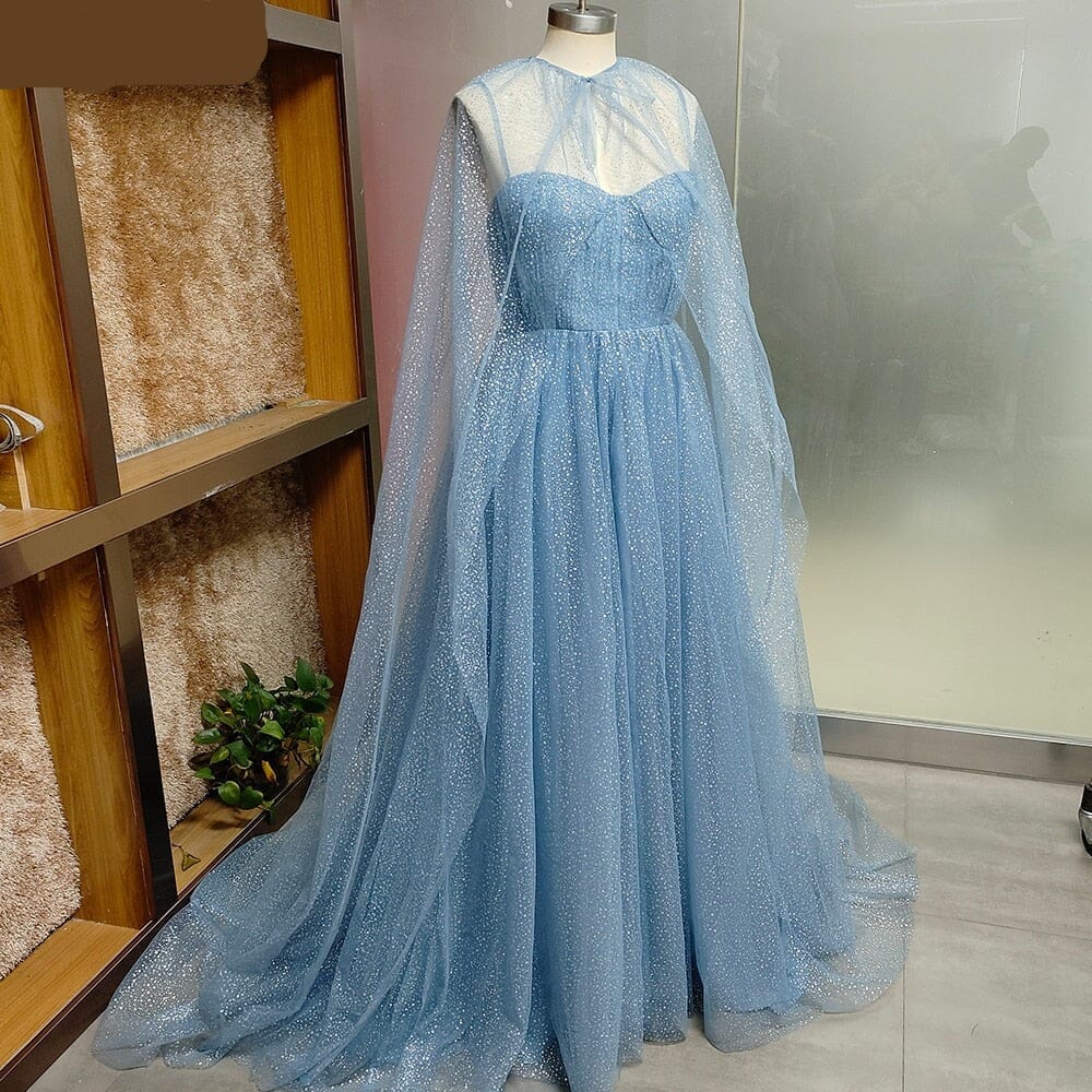 Dusty Blue Sparkly Tulle with Long Cape Evening Dress Evening & Formal Dresses BlissGown Black 2 