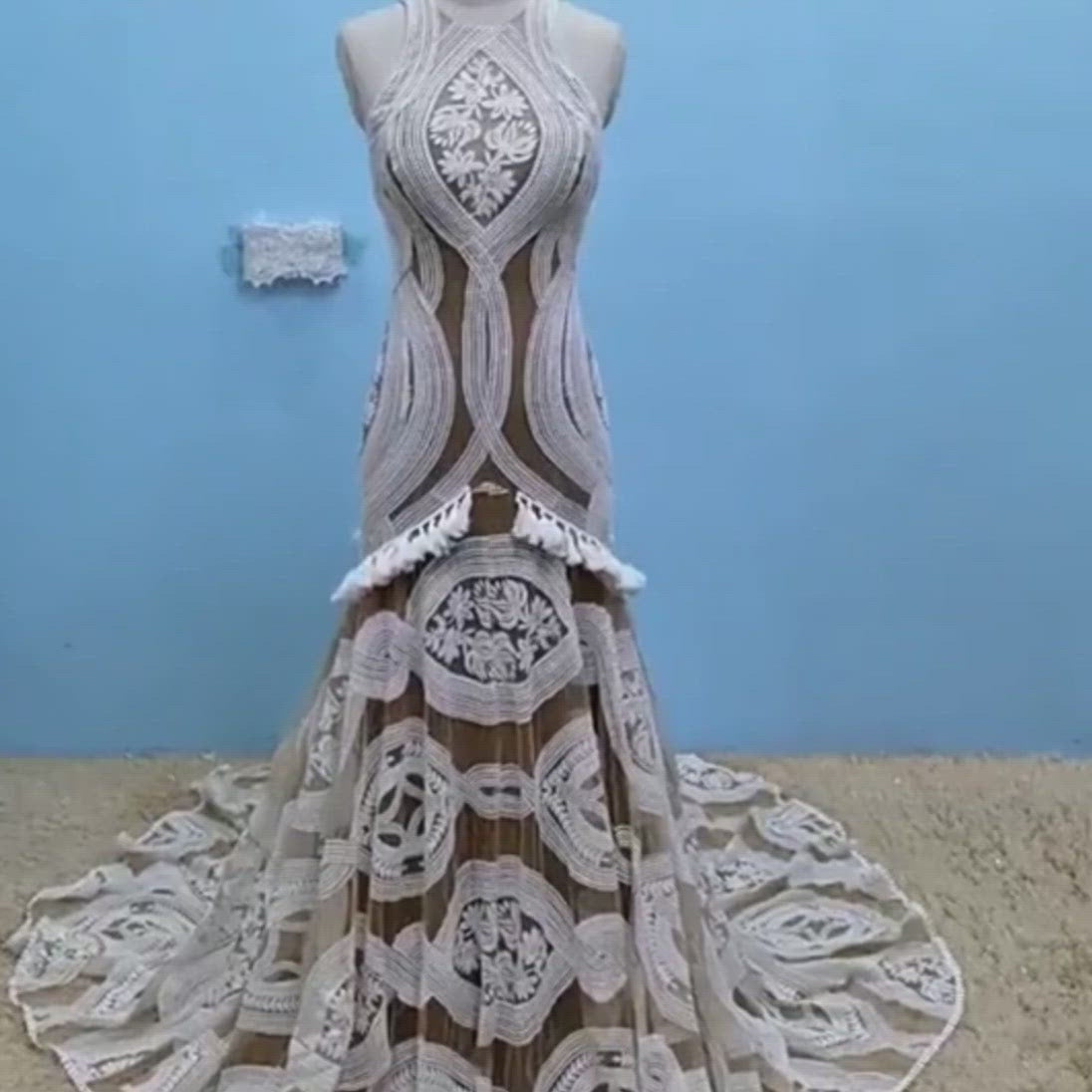 Unique Lace Open Back Mermaid Boho Wedding Dress