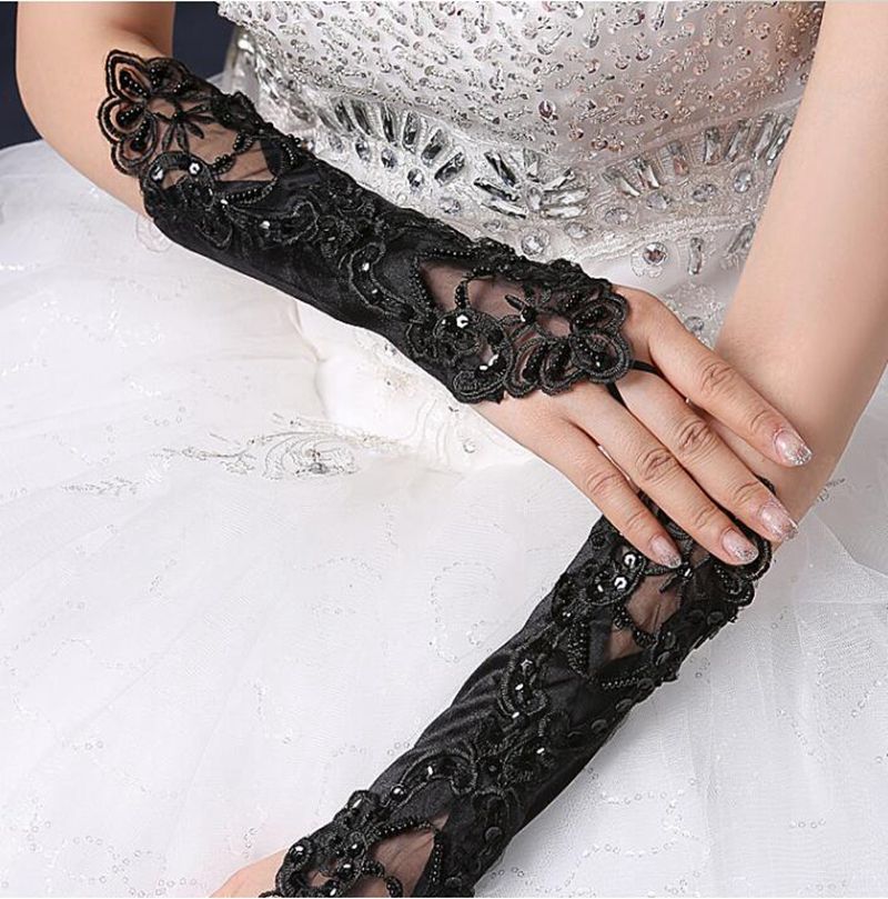Elbow Length Crystal Satin Fabric wedding accessary hand gloves fingerless Wedding Accessories BlissGown 