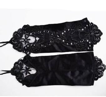 Elbow Length Crystal Satin Fabric wedding accessary hand gloves fingerless Wedding Accessories BlissGown black 