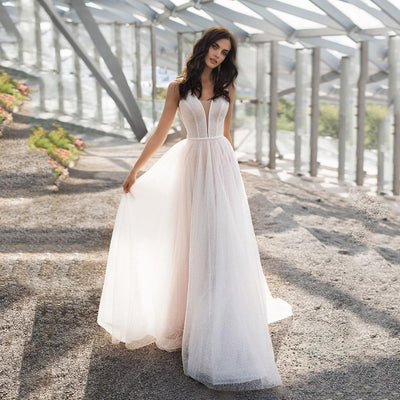 Elegant A-Line V-Neck Sleeveless Tank Glitter Tulle Wedding Dress Luxury Wedding Dresses BlissGown 