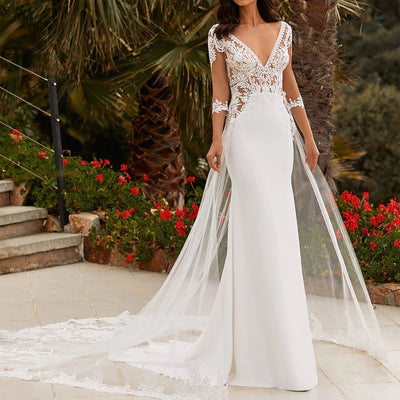 Elegant Backless Bohemian Beach V Neck Lace Sweep Train Wedding Dress Classic Wedding Dresses BlissGown 