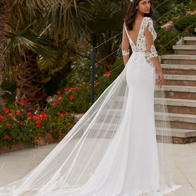 Elegant Backless Bohemian Beach V Neck Lace Sweep Train Wedding Dress Classic Wedding Dresses BlissGown 