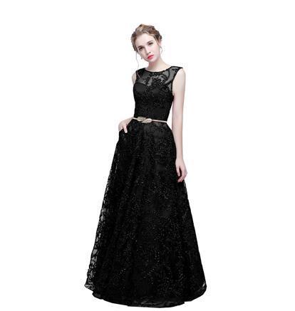 Elegant Banquet Lace Sleeveless Floor-length Long Evening Dress Evening & Formal Dresses BlissGown black 2 