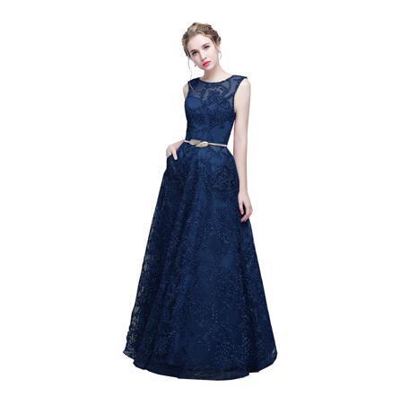 Elegant Banquet Lace Sleeveless Floor-length Long Evening Dress Evening & Formal Dresses BlissGown Navy Blue 2 