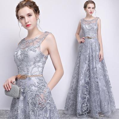 Elegant Banquet Lace Sleeveless Floor-length Long Evening Dress Evening & Formal Dresses BlissGown Silver 2 