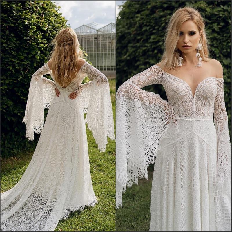 Elegant Flared Sleeves Chic Lace Beach Bridal Gowns Tulle Wedding Dres ...