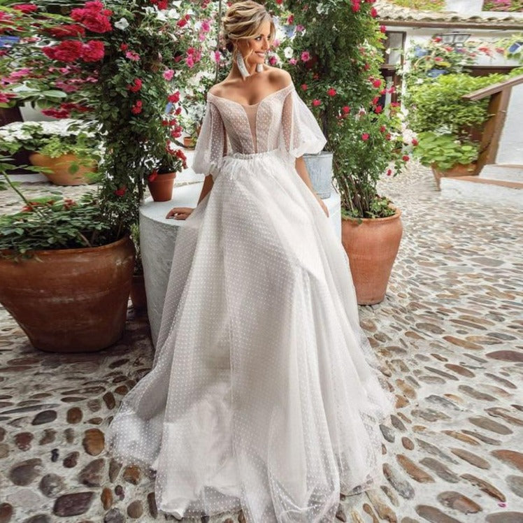 Elegant Half Sleeves A line Beach Wedding Dress Beach Wedding Dresses BlissGown 
