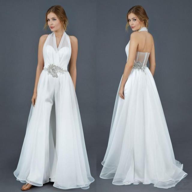 Elegant Halter Organza with Train Sexy Backless Jumpsuit Wedding Dress Beach Wedding Dresses BlissGown Same As Picture 2 
