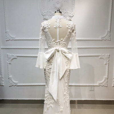 Elegant Ivory Long Sleeves High Neck 3D Flowers Mermaid Wedding Dress Beach Wedding Dresses BlissGown 