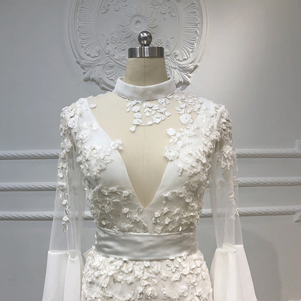 Elegant Ivory Long Sleeves High Neck 3D Flowers Mermaid Wedding Dress Beach Wedding Dresses BlissGown 