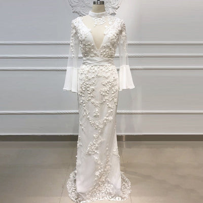 Elegant Ivory Long Sleeves High Neck 3D Flowers Mermaid Wedding Dress