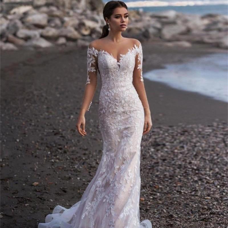 Elegant Lace Appliqued Long Sleeve Beach Wedding Dresses – BlissGown